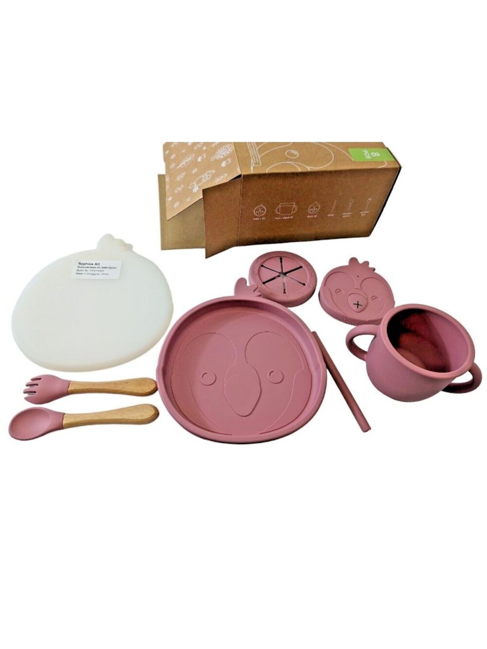 Bimbly Silicone Tableware Kids 8 Piece Pink Cockatoon Plate Lid Cup Sippy New